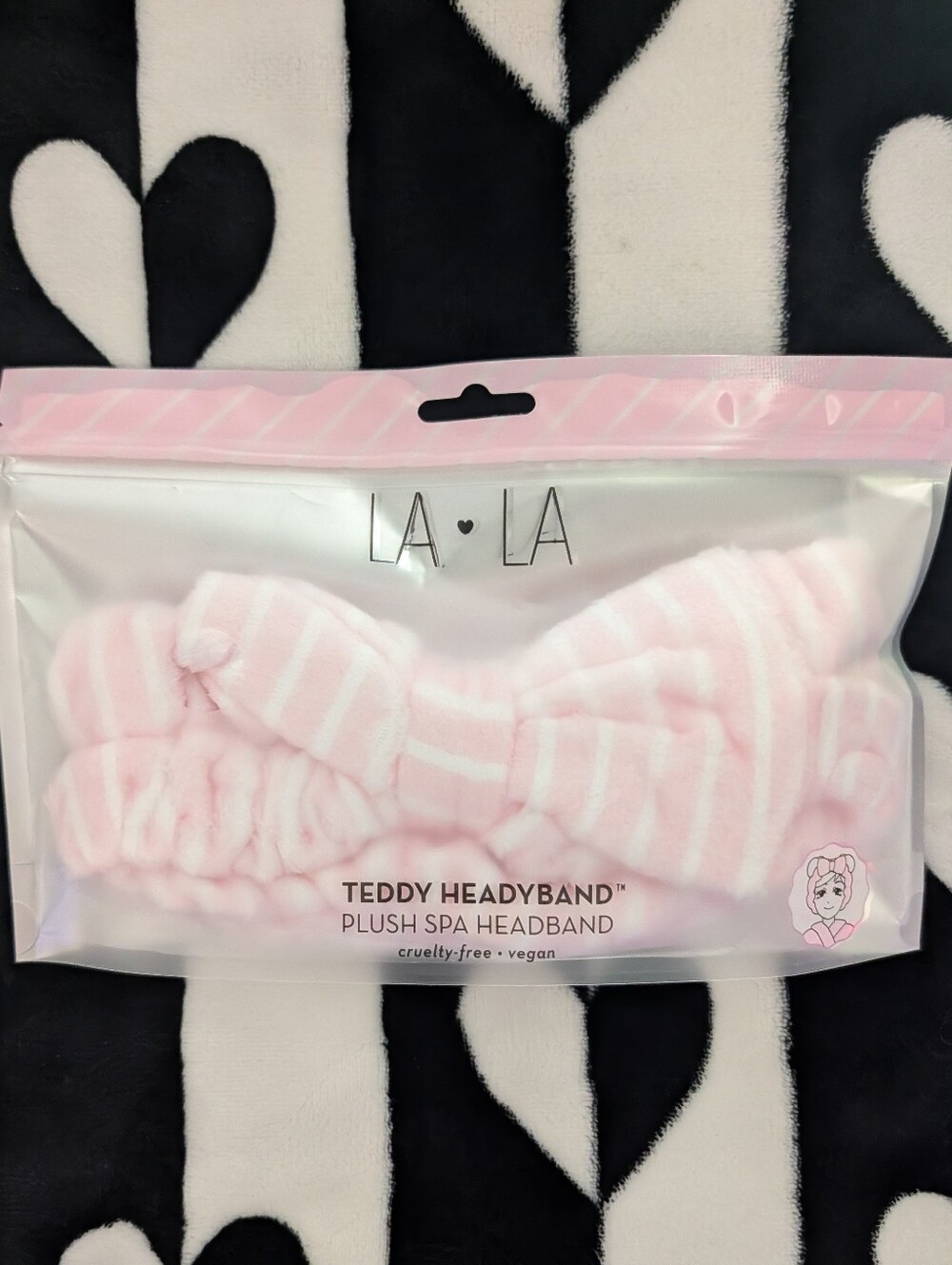 The Creme Shop La La Teddy Headyband Plush Spa Headband Pink & White Stripes Bow